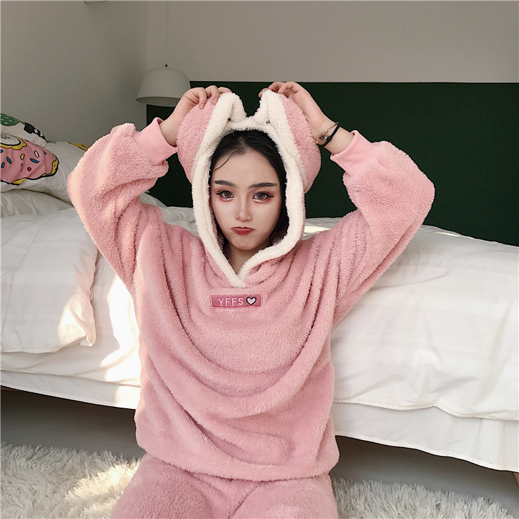 Đồ ngủ tai thỏ nữ mùa thu và mùa đông dày lông cừu san hô học sinh phù hợp với mũ trùm đầu phiên bản Hàn Quốc của phim hoạt hình có thể mặc dịch vụ nhà đồ bộ mặc nhà cao cấp