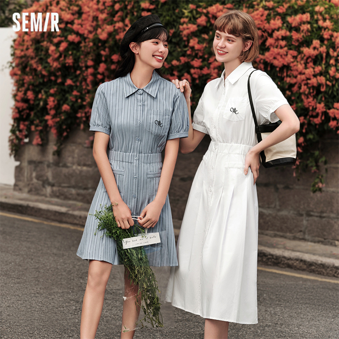 Semir Dress Women's Lapel Pleated Skirt Elegant Temperament 2025 New Summer Fashion Waist Shirt Skirt Pure Cotton
