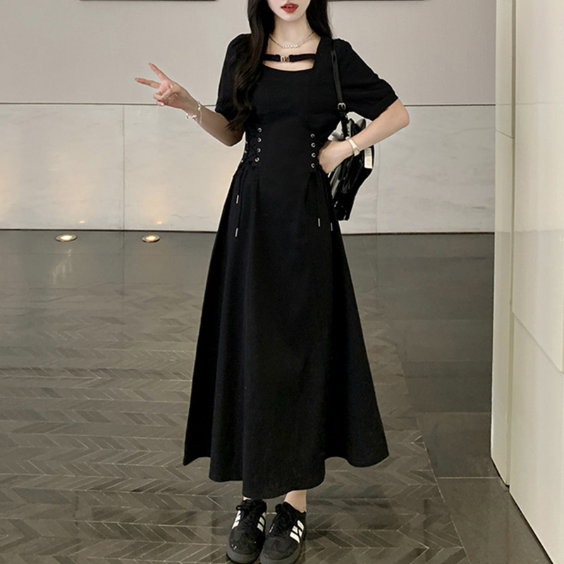 Plus-Size French-Style Short-Sleeve Waist-Tie Dress, Summer Sweet and Cool Long and Short Black Dress, Slimming Black Denim Dress
