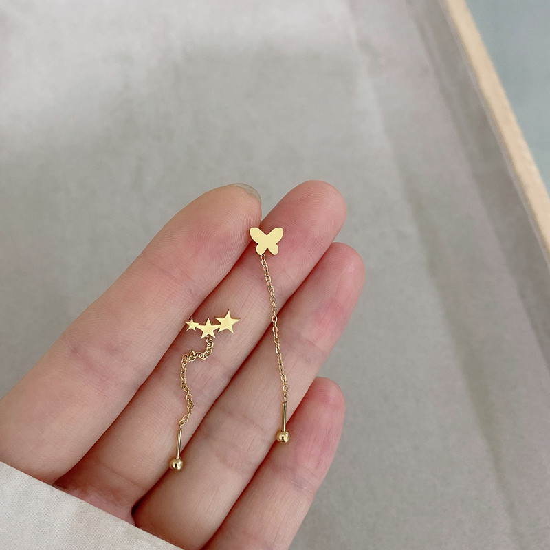 Titanium steel long chain butterfly flow star ear chain fine needle screw fastening auricle ear bone nails front and back with multiple ear holes