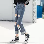 Quần jeans ống rộng chín điểm 2018 xuân nữ phiên bản Hàn Quốc mới của quần lửng ống rộng ống rộng - Quần jean