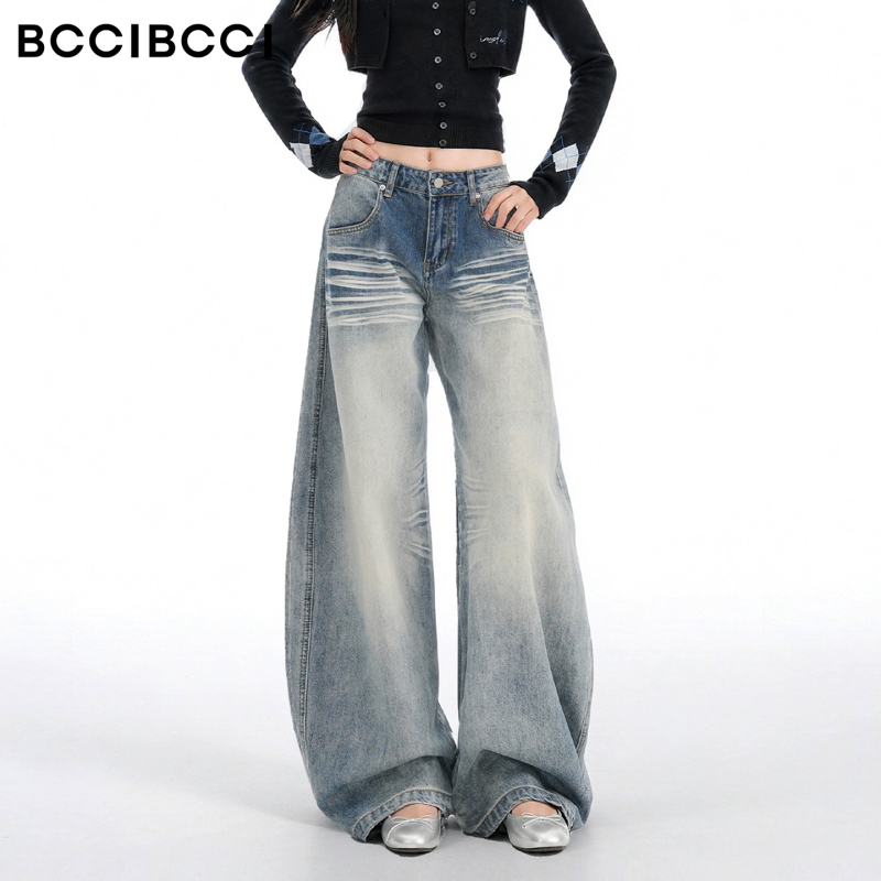 Bccibcci'Pear-Shaped Pants King' Light Blue Washed Scimitar Jeans with Three-Dimensional Whiskers and Wide-Leg Trousers