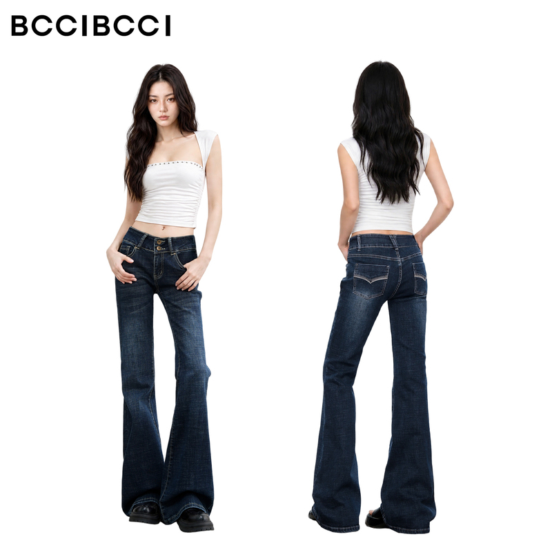 Bcci Retro Blue-Gray Low-Waist Flared Jeans for Women, Slim Fit, Stretchy, Floor-Length Bell-Bottom Pants