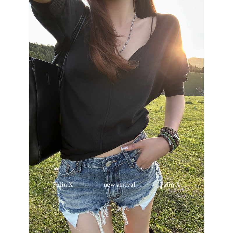 Falin X Ripped Denim Shorts for Women, Summer Thin Casual Style, Mid-Low Waist, American Style, Washed Irregular Pants