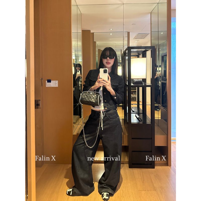 Falin X Round Neck Denim Top and Jeans Set for Women, Fashionable Spring and Autumn, Original Denim, Non-Fading, Washed Two-Piece Set