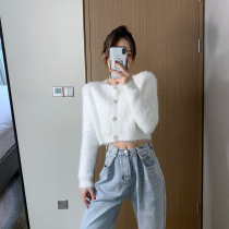 Lin Xiaoxi temperament mink velvet knitted cardigan womens 2020 spring new Hyuna wind umbilical top short jacket