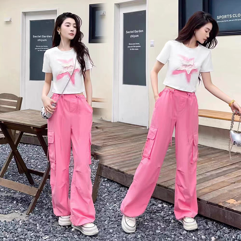American-Style Star Patch Short-Sleeve T-Shirt Casual Versatile Work Pants Fashion Set Women's 2025 New Two-Piece Set