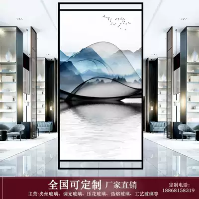 Customized new Chinese landscape aisle partition screen bathroom dry area entrance tempered silk art glass direct selling
