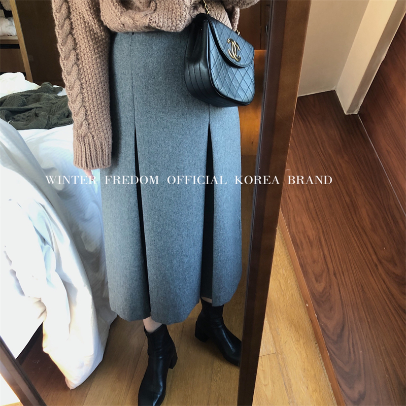 FREDOM gray woolen skirt 2021 winter new high waist straight pleated a-line skirt design sense