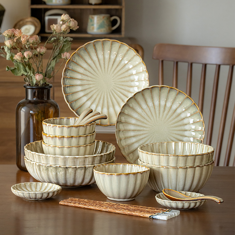 Alley End [Fangjuhong Tableware Set] Japanese-Style Ceramic Bowl, Chopsticks, and Plate Set, Vintage Bowls and Plates for Two to Four People