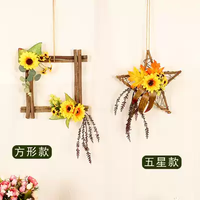 Sunflower door decoration wall wall decoration home Forest creative sunflower simulation wreath Wood pentagonal star decoration