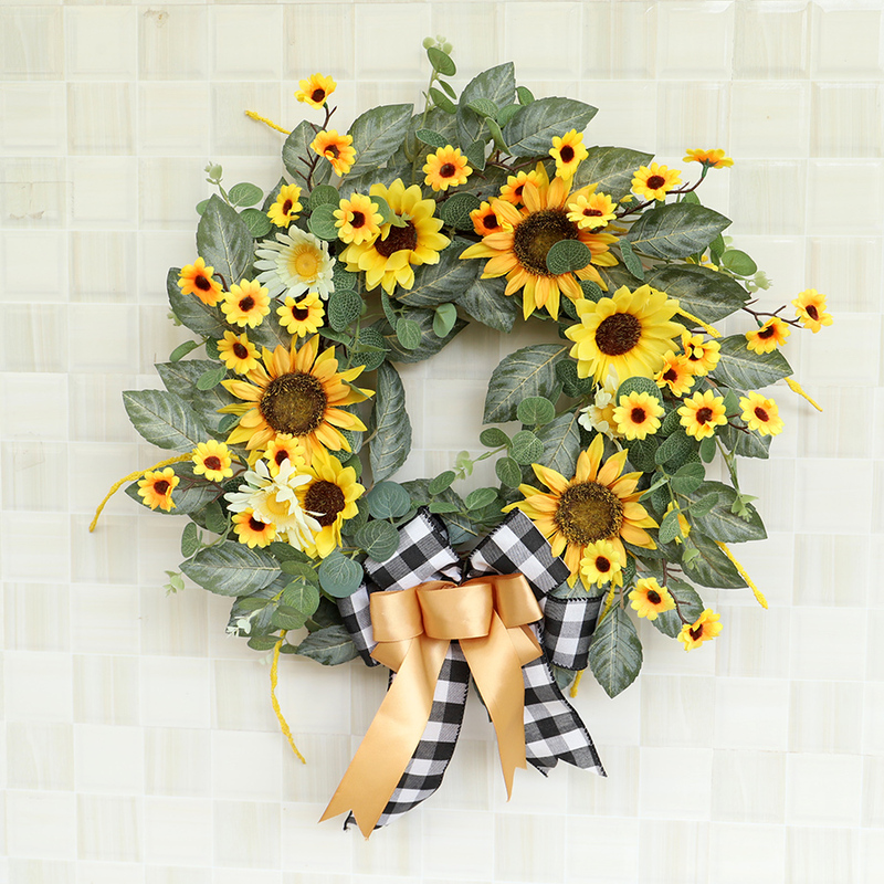Artificial Flower Wall Hanging, Pastoral Style Sunflower Ribbon Wreath, Indoor Decoration, Door Hanging, Home Decoration, Creative Ornament