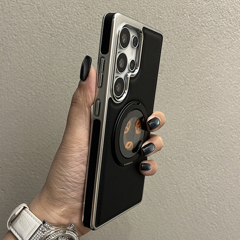 Trendy Brand Lychee Leather Texture Gear Magnetic Stylish Black Case Suitable for Samsung S25/24 Ultra Phone Case New High-End Galaxy S24+ Internet Celebrity 25 Ultra+ Anti-Drop Protective Cover for Men and Women