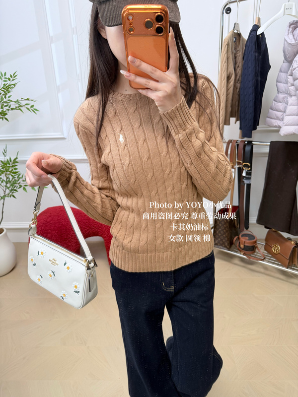 Authentic In-Stock Goods|Ralph Lauren Sweater, Round Neck, Women's Pure Cotton, Cable Knit Sweater, Khaki Cream Label Authentic In-Stock Goods|Ralph Lauren Sweater, Round Neck, Women's Pure Cotton, Cable Knit Sweater, Khaki Cream Label