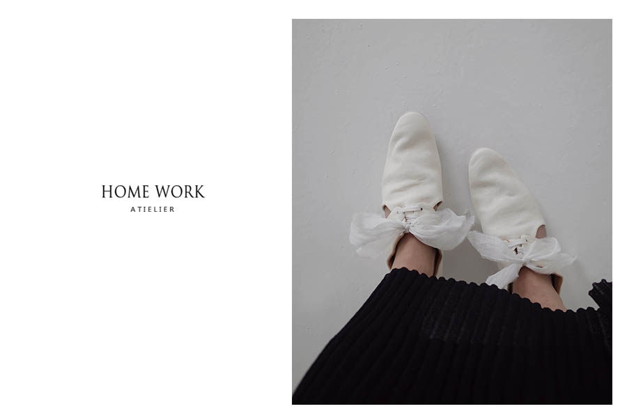 Темная обувь home work 18ss 简洁褶皱镂空丝带装饰鞋 白 atelier