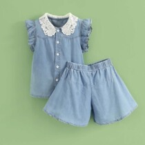 Little Tiger Patty Girl Set Summer Childrens Clothing 2021 New Korean Denim Shorts Medium Big Child Two-Piece Thin