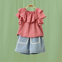 Little Tiger Patty Childrens Summer 2021 New Short Sleeve Set Female Baby Plaid Top Denim Shorts Two Piece