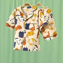 Little Tiger Patty Childrens Boys Pajamas Short Sleeve Thin Summer Dress Cute Cat Print Cartoon Home Clothes Set