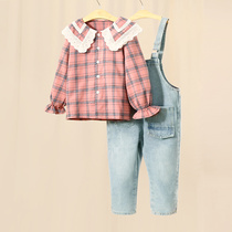 Little Tiger Patty Children Girls Denim Strap Long Sleeve Shirt Set 2021 New Shirt Two Piece Set Autumn