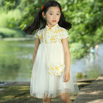 (Send bag) Girls dress summer dress childrens Hanfu improved skirt buckle embroidered stitching mesh dress