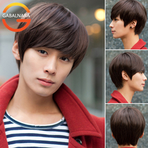 Mens wig Real hair short straight hair oblique bangs fluffy handsome short hair fashion oblique bangs long sideburns