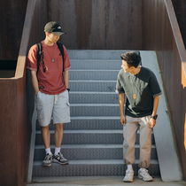 Lu Xiaohu original Japanese retro round neck T-shirt mens trend curling pocket short sleeve boys loose shoulder half sleeve