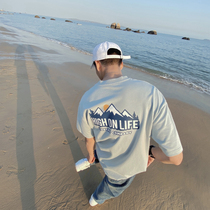 Lv Xiaohu Snow Mountain Print T-shirt Mens Tide Brand Loose Round Neck Half Sleeve Japanese Retro Trend Couple Short Sleeve Summer Dress