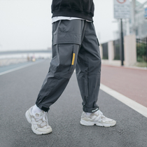 Retro Yu Wenle overalls mens autumn Tide brand High Street Velcro tie pants mens loose casual trousers tide