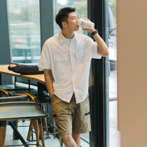 Day Ensemble Casual Tooling Short Sleeve Shirt Male Tide Summer New Cityboy Double Pocket Loose White Shirt Jacket