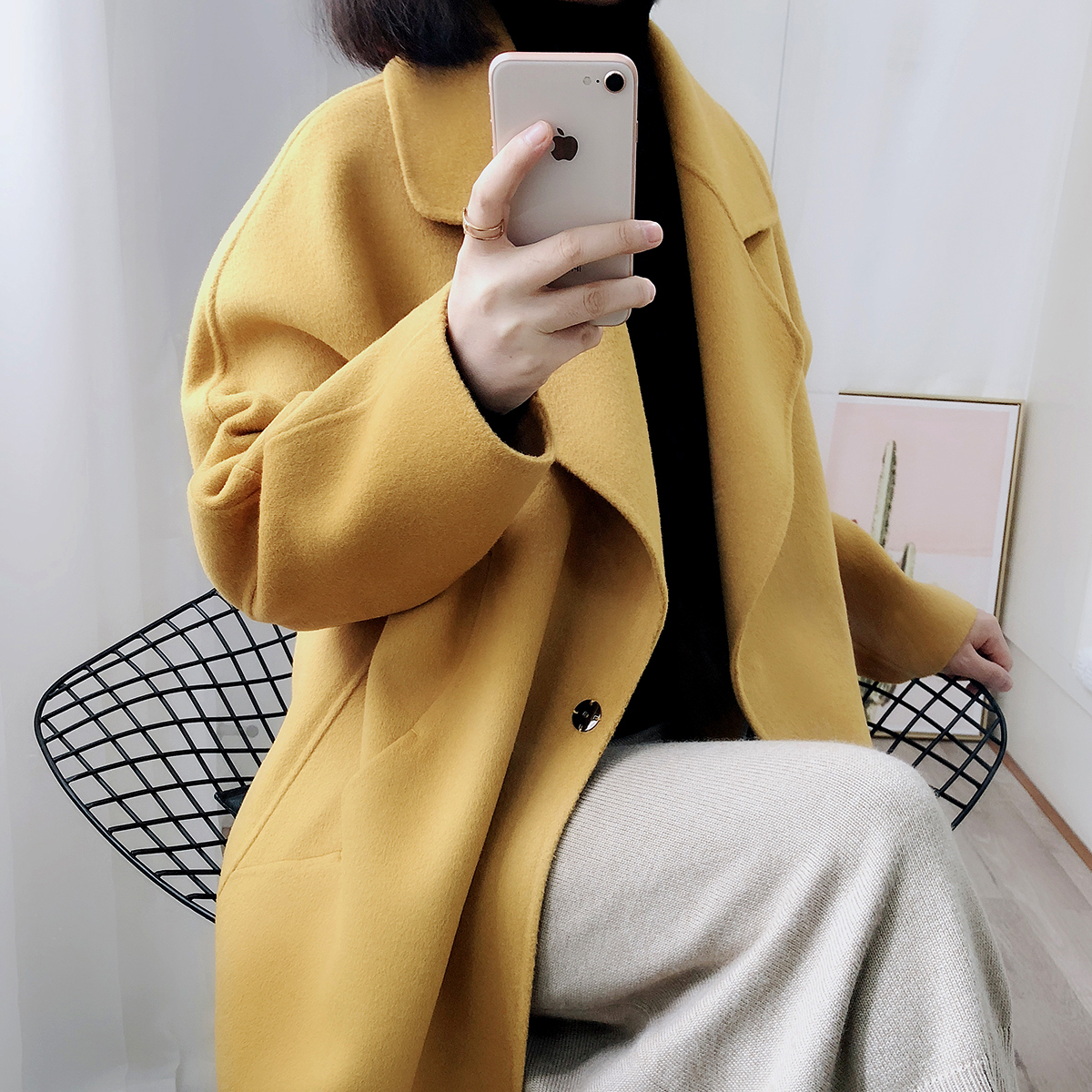 Yellow bifacial cashmere big coat woman medium long version 2020 new small high-end cocoon type loose fur coat