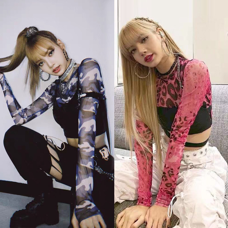 blackpink with loose hollow hollow casual pants DJ jazz dance DS camouflage tops 2021