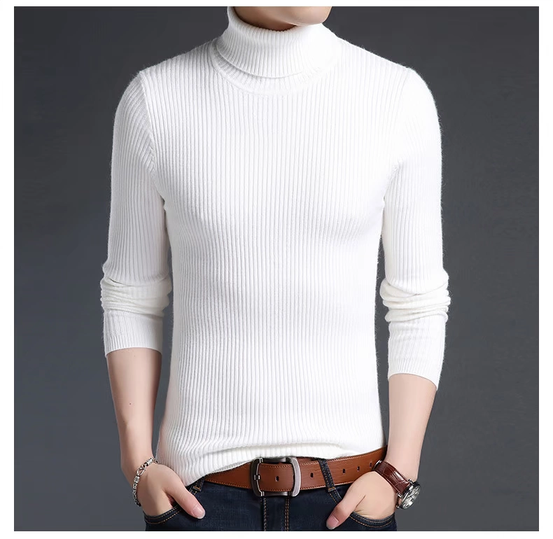 Áo len nam cashmere mỏng Kích thước lớn Nam màu trắng cao cổ đan áo len bó sát mùa thu dày và đen Retro - Áo len