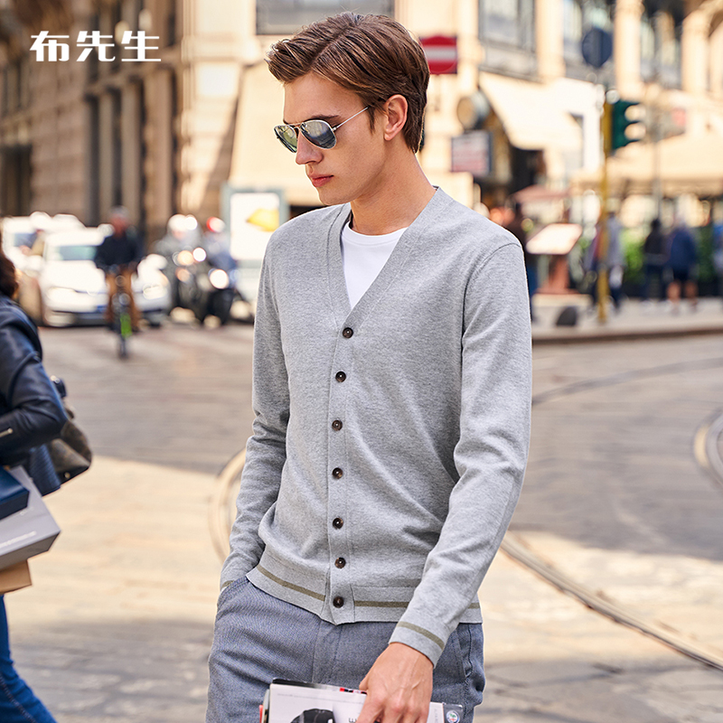 Ông Boo 2019 mới cardigan rắn màu dệt kim cotton cổ chữ V dài tay áo thun BT10757.