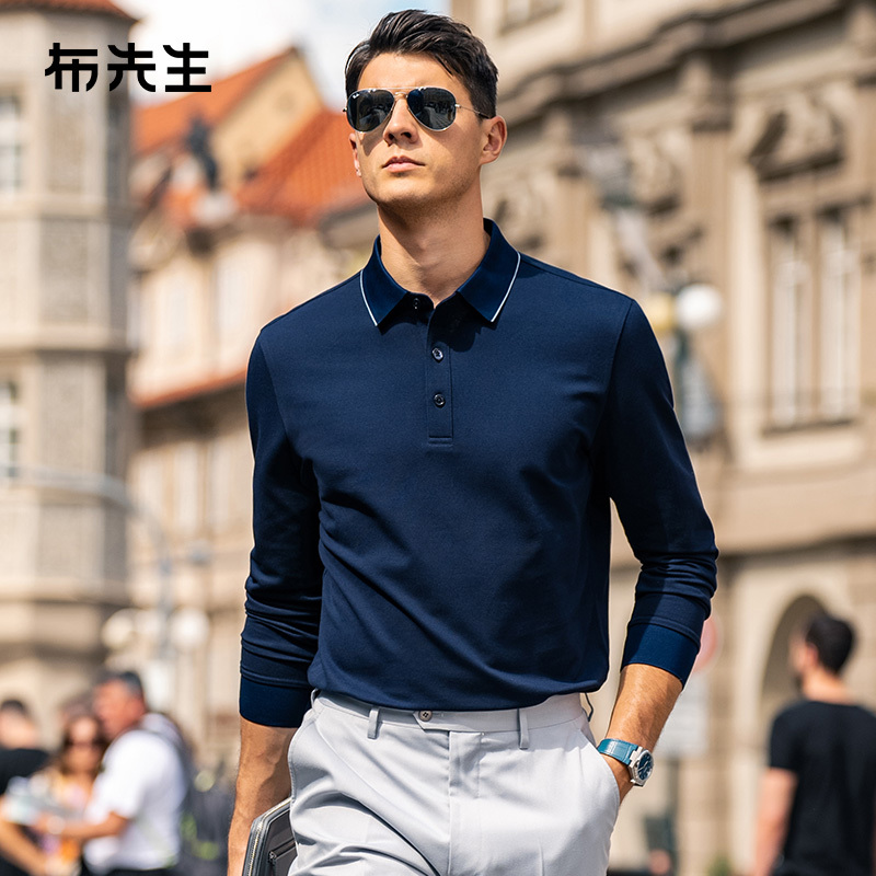 Mrbu Exquisite English Embroidery Long-Sleeve T-Shirt Spring and Autumn Patent Lapel Contrast Edge Polo Shirt for Men Bt15380