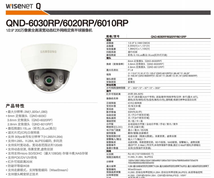Samsung Hanwha QND-6010RP 2 million 1080P 2 8mm fixed focus wide dynamic infrared dome camera