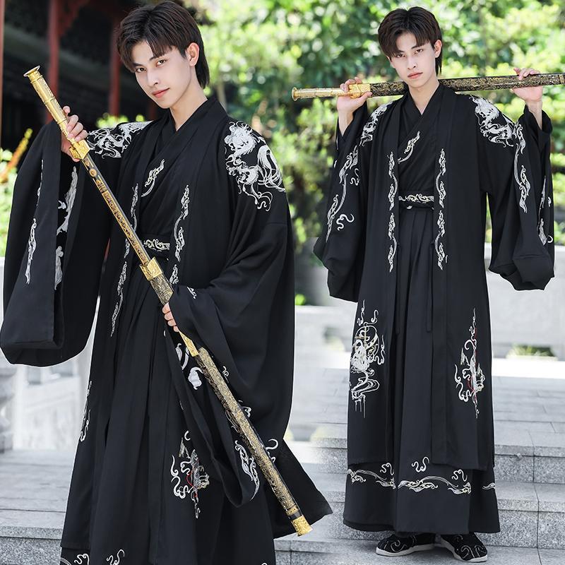 Black Style Wei-Jin-Han Dynasty Clothing, Ancient Style Men's Costume, Handsome and Elegant Ming-Style Student Outfit, Extra Large Size 150kg