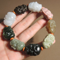 Dialect Hetian Jade Collection Grade Xinjiang White Jade Elaeagnus Jujube Green Seed Jasper Duobao Eighteen Arhats Double-sided Handmade Bracelet S2
