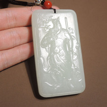 方言品牌和田玉精品俄罗斯老坑料细腻羊脂白玉带翠关公吊坠挂件h7