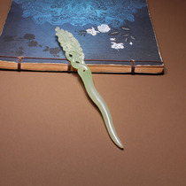 Eye-catching dialect Hetian jade boutique giant leak Qinghai old pit material emerald green double-sided carved pine needles hairpin N3