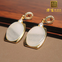 Stunned dialect Hetian jade black and white clear no structure white jade base blue and white seed material silver inlaid jade earrings h0