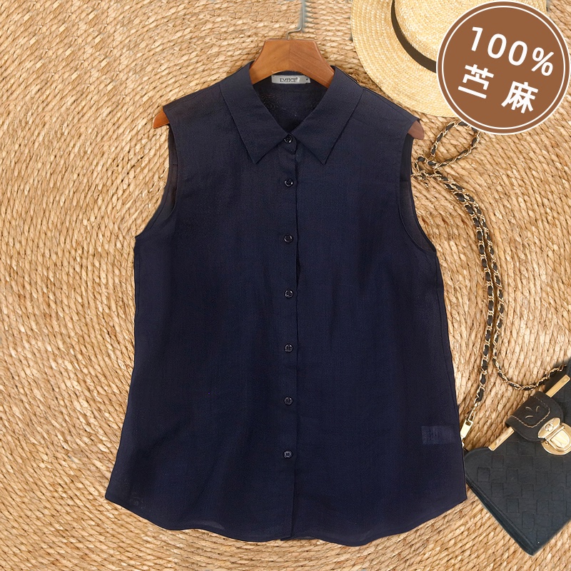 Old Money Style Navy Blue Pure Ramie Shirt for Women, Summer Thin Sleeveless Top, Vest, High-End Ramie Shirt