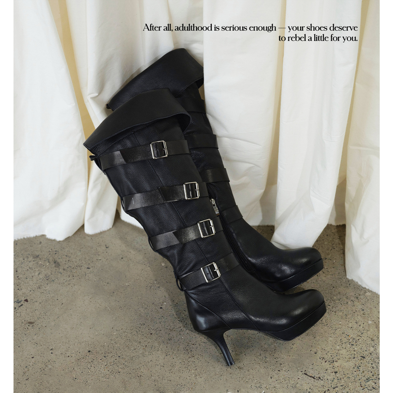 Mooreyu Atelier First-Layer Cowhide Black Boots for Women, Vintage Belt Buckle, Waterproof Platform, Stiletto Heel Long Boots