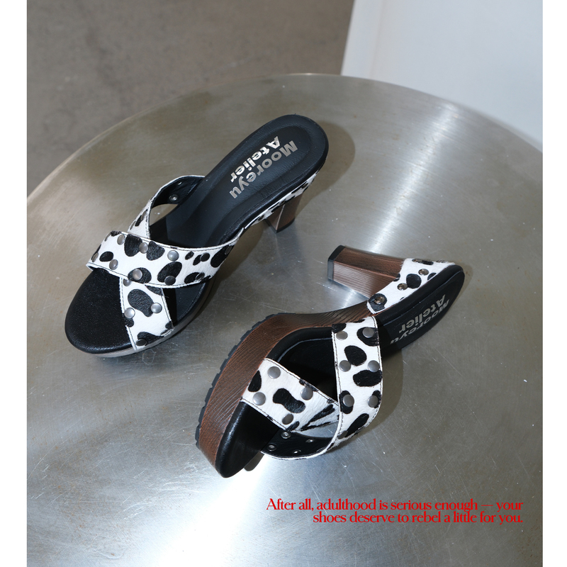 Mooreyu Atelier Original Genuine Leather Horsehair Vintage Shoes for Women with Polka Dots, Rivets, Cross Straps, Chunky Heels, and High Heels