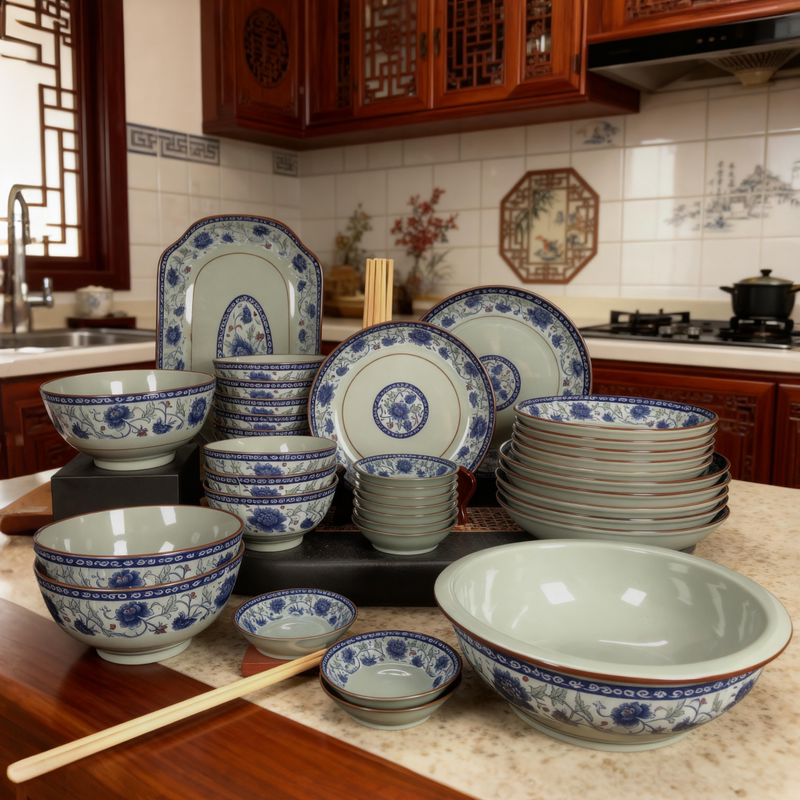 Blue and White Porcelain Bowl and Plate Set, 26 Pieces, Housewarming Tableware, Underglaze Floral Design, Creative, Ceremonial, Chinese Retro Style