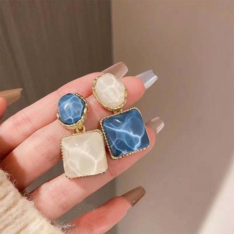 серебряная игла s925, асимметричные квадратные серьги с текстурой кубика льда, серьги контрастного цвета, прозрачные трехмерные серьги, высококачественные серьги