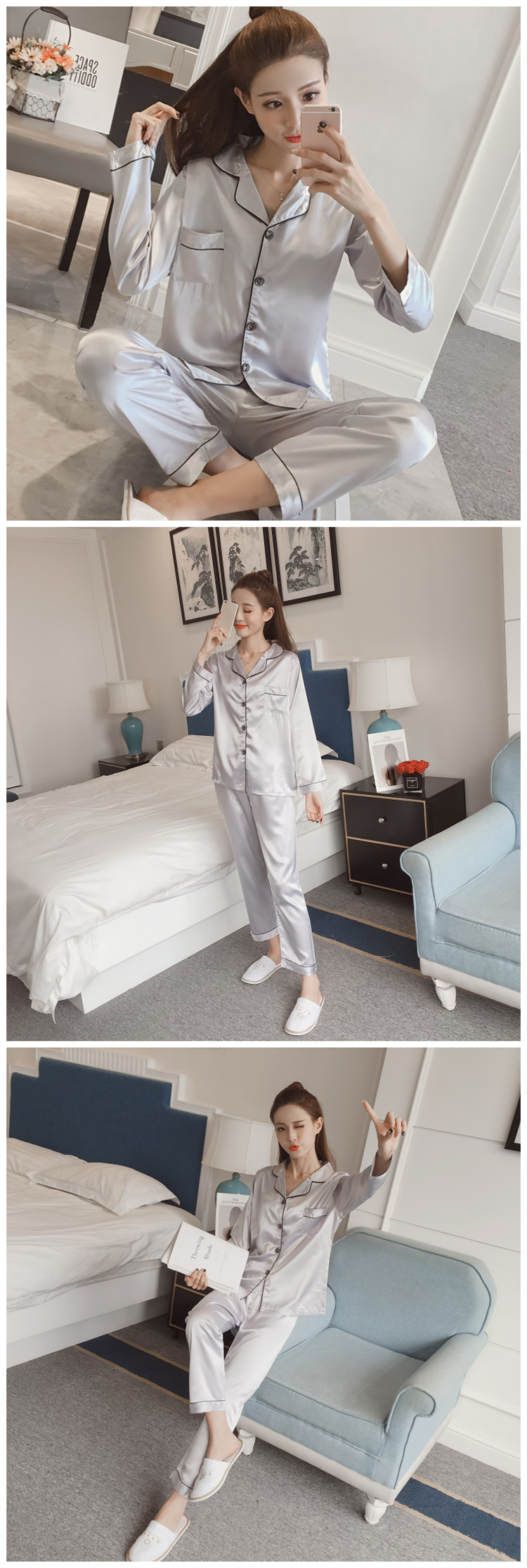 Đồ ngủ cỡ lớn nữ chất béo mm200 kg cotton mùa thu dài tay áo nịt ngực bằng lụa lỏng lụa có thể mặc rộng bộ pijama lụa