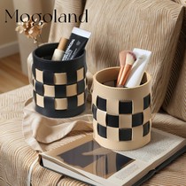 Checkerboard makeup brush storage bucket storage box leather high-end pen holder skin care products desktop ornaments woven home