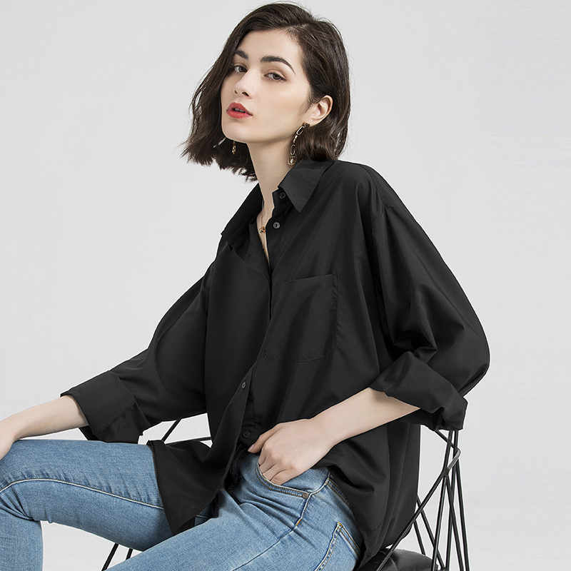 Loose-Fitting, Unique Black Shirt for Women, Vintage, Casual, Layered Top, High-End Hong Kong Style White Shirt