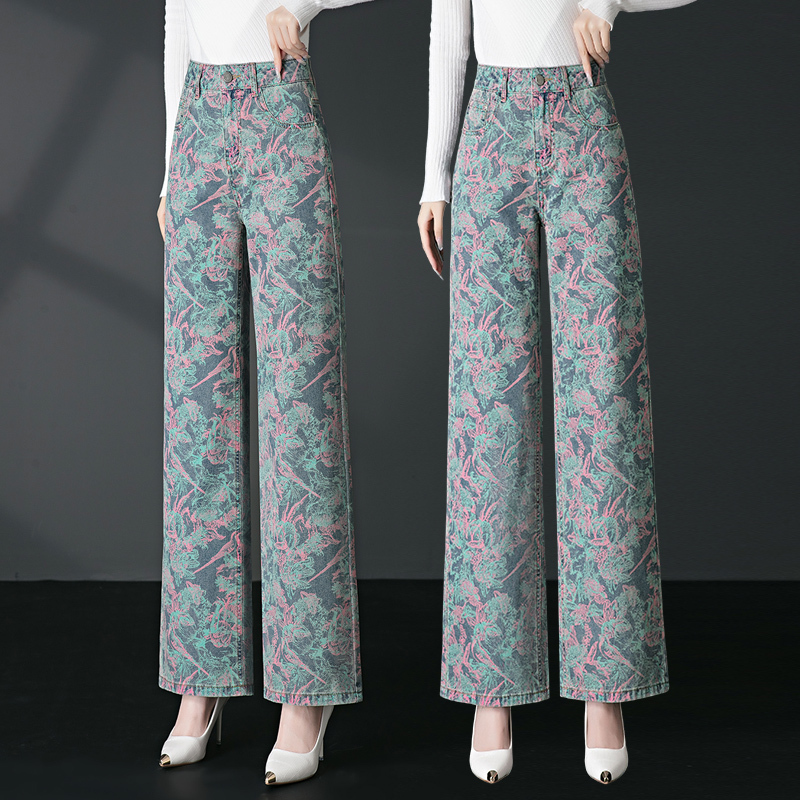 Elegant Printed Denim Wide-Leg Pants for Women 2026 New Spring High-Waisted Slimming Loose Casual Straight Pants Elegant Printed Denim Wide-Leg Pants for Women 2026 New Spring High-Waisted Slimming Loose Casual Straight Pants