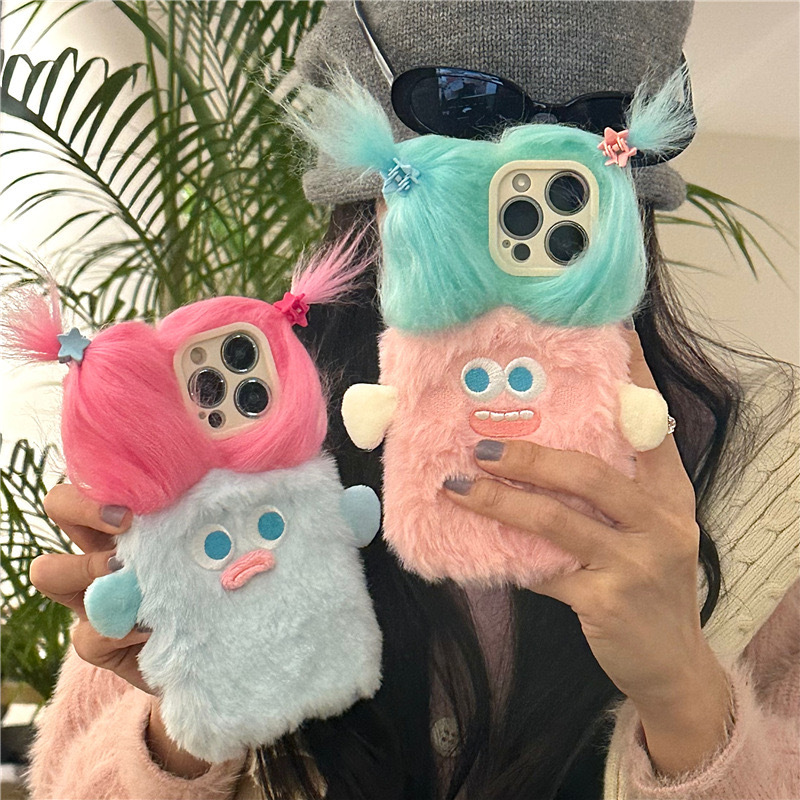 Cute and Quirky Plush Monster with Braids Suitable for iPhone 17 Pro Max Phone Case, Apple 16 Pro Braided Hair DIY 15/14 Plus Full Protection Anti-Drop 13/12 Girly Bestie Style